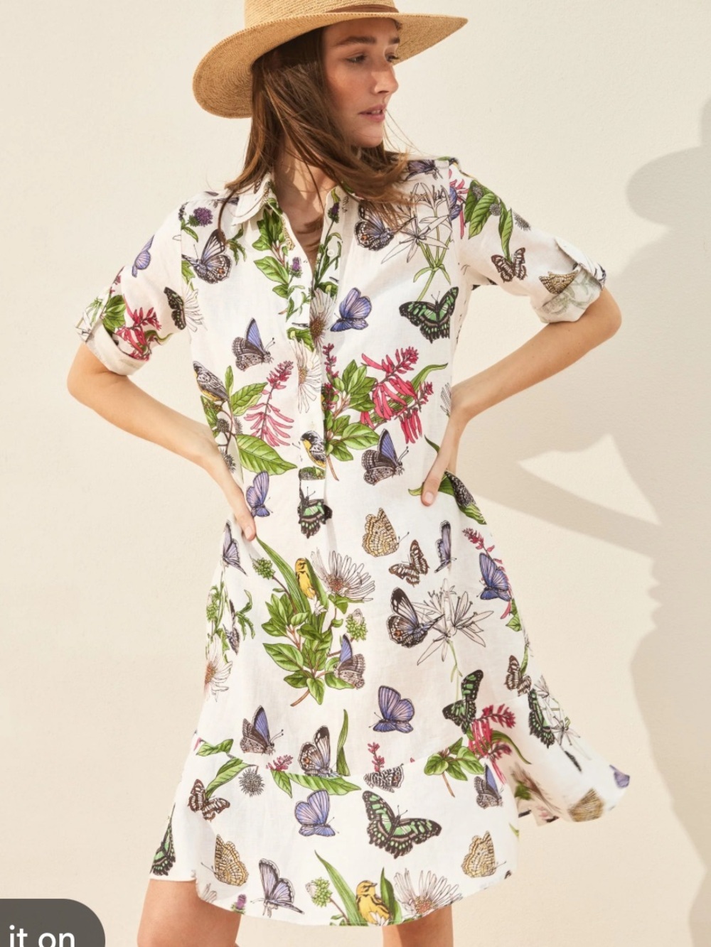 White Butterfly & Floral Shirt Mini Dress